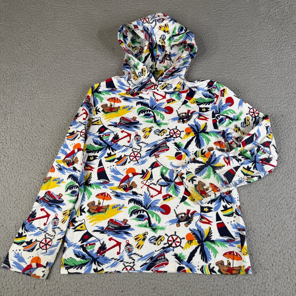 Polo Ralph Lauren Hoodie Kids L 14-16 White Polo Bear Nautical Tropical All Over